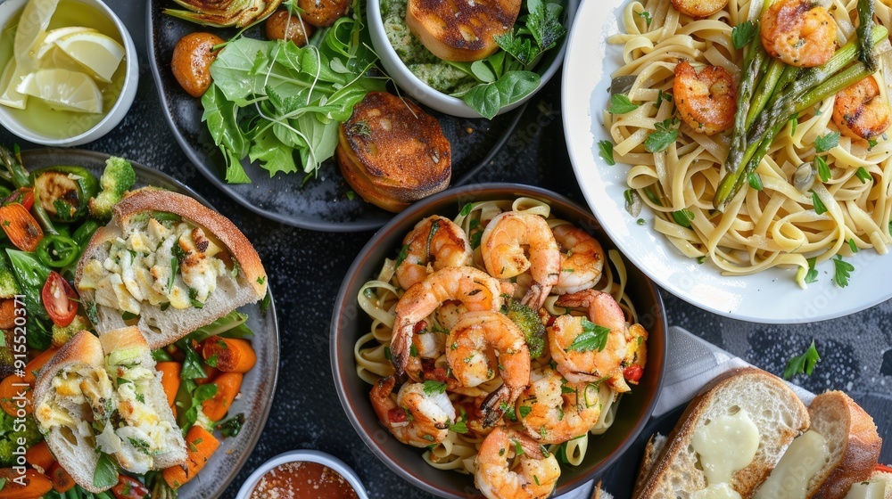 Creamy shrimp scampi with linguine, parsley, garlic bread, a side salad, roasted asparagus, roasted carrots, roasted red potatoes, roasted Brussels sprouts, and a side of roasted zucchini Creamy shrimp scampi with linguine, parsley, garlic bread, a side salad, roasted asparagus, roasted carrots, roasted red potatoes, roasted Brussels sprouts, and a side of roasted zucchini