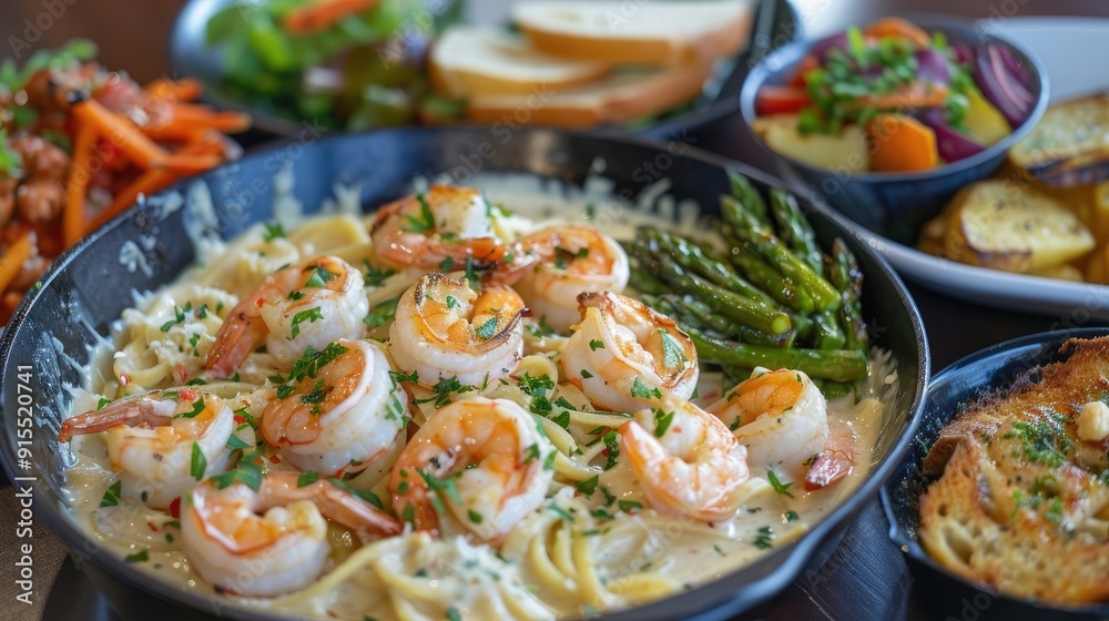 Creamy shrimp scampi with linguine, parsley, garlic bread, a side salad, roasted asparagus, roasted carrots, roasted red potatoes, roasted Brussels sprouts, and a side of roasted zucchini Creamy shrimp scampi with linguine, parsley, garlic bread, a side salad, roasted asparagus, roasted carrots, roasted red potatoes, roasted Brussels sprouts, and a side of roasted zucchini