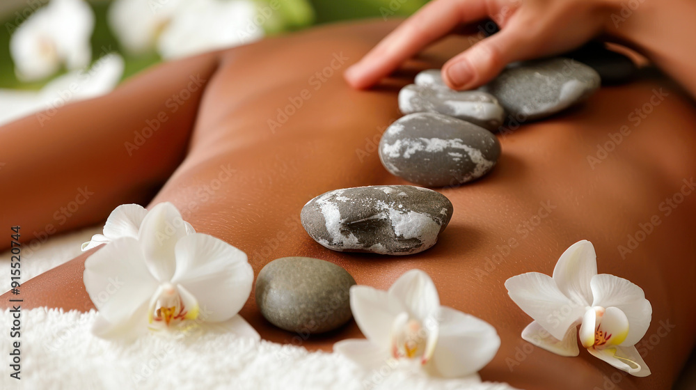 Hot stone therapy, massage and relax in a luxury spa resort for wellness treatment, relaxation therapy with hand and organic healing. Woman in a beauty salon, natural skincare and body health energy Hot stone therapy, massage and relax in a luxury spa resort for wellness treatment, relaxation therapy with hand and organic healing. Woman in a beauty salon, natural skincare and body health energy