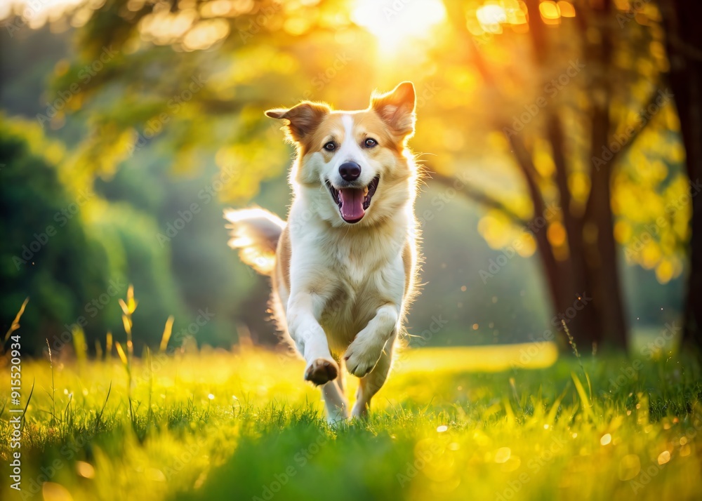Φωτογραφία A happy dog runs freely on a vibrant green lawn, soaking up the warm sunshine, its joyful energy and carefree spirit radiating from its playful antics