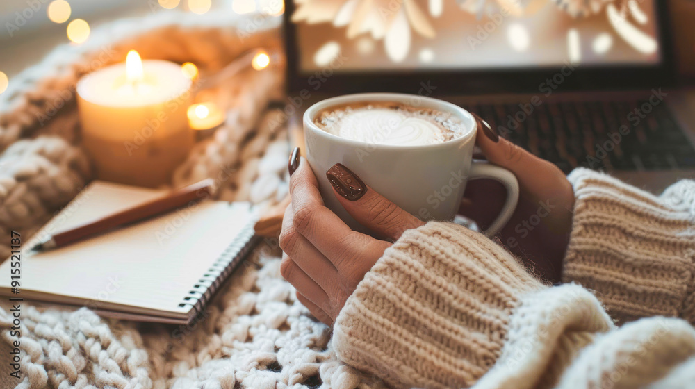 Woman holding latte cup working at laptop in cozy autumn or winter atmosphere with knitted plaid, candles and garland. Planning, distant work, freelance, education, online courses. Hygge. Faceless Woman holding latte cup working at laptop in cozy autumn or winter atmosphere with knitted plaid, candles and garland. Planning, distant work, freelance, education, online courses. Hygge. Faceless