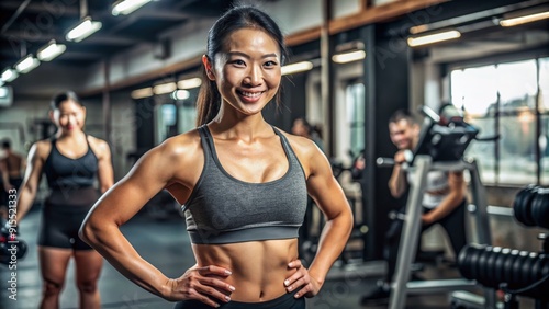 Muscular Asian woman in sportswear, fitness trainer smiling and looking at the camera in the background of the gym. photo