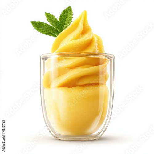 Delicious soft-serve mango ice cream in a clear glass, garnished with fresh mint leaves. Perfect for summer desserts. photo