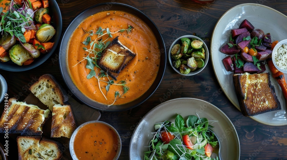 Creamy tomato bisque with grilled cheese croutons, basil, a side salad, garlic bread, roasted red potatoes, roasted Brussels sprouts, roasted zucchini, roasted carrots, and a side of roasted beets Creamy tomato bisque with grilled cheese croutons, basil, a side salad, garlic bread, roasted red potatoes, roasted Brussels sprouts, roasted zucchini, roasted carrots, and a side of roasted beets