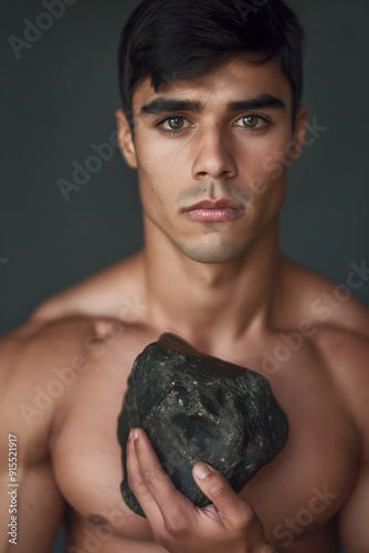 Confident male boxer holding a large rock, symbolizing strength and determination photo