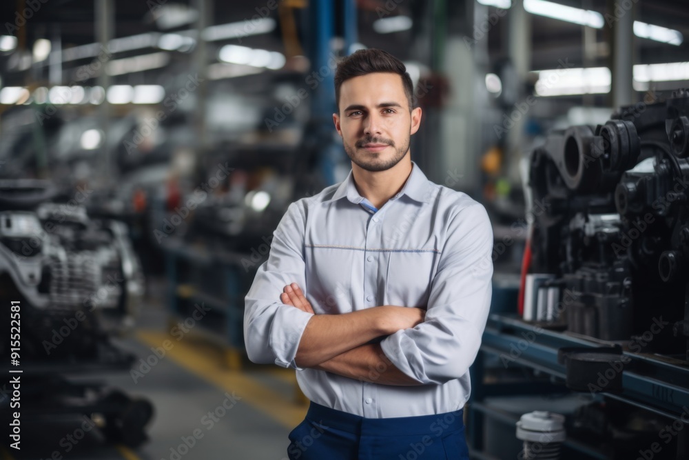 Portrait of a smiling latin male engineer in auto part factory Portrait of a smiling latin male engineer in auto part factory