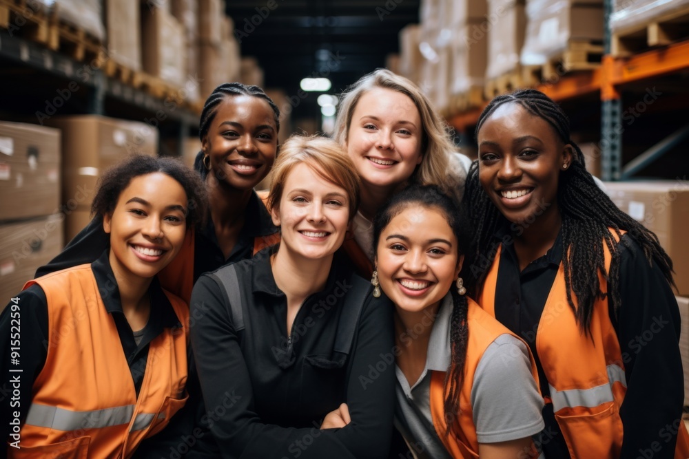 Obraz premium Smiling portrait of a young and diverse group of women in warehouse