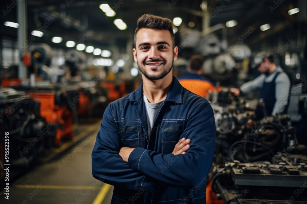 Portrait of a smiling latin male engineer in auto part factory