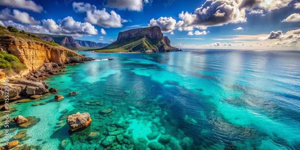 Obraz premium Serene turquoise ocean stretches towards the horizon, embracing the rugged grandeur of a towering cliff, showcasing nature's flawless harmony in this breathtaking landscape.