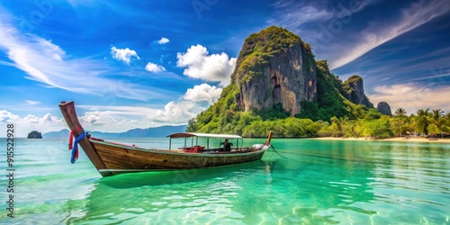 Long tailed boat touring around a beautiful tropical island, long tailed boat, tour, island, tropical, ocean, sea photo