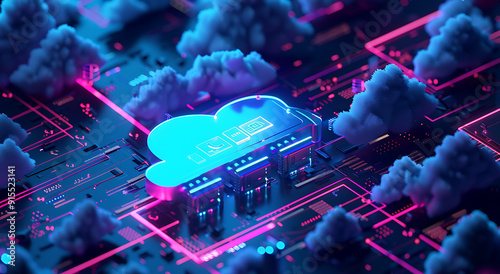 Neon light cloud computing futuristic technology and cloud storage illustration embodies network technologies cyberspace, showcasing a futuristic server in isometric perspective, dark background.