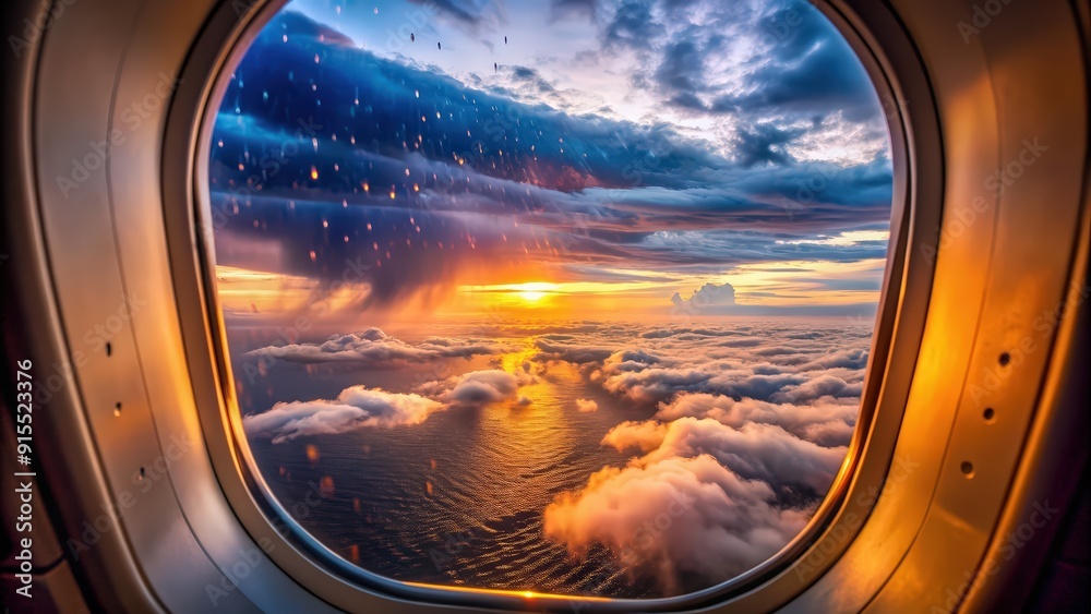 Airplane window view of a beautiful sunset on a rainy day , airplane, window, view, sunset, rainy day, travel, transportation Airplane window view of a beautiful sunset on a rainy day , airplane, window, view, sunset, rainy day, travel, transportation