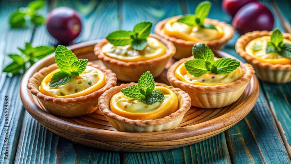 Delicious passion fruit cream filled baskets topped with mint for gourmet food lovers, gourmet, food, dessert, passion fruit Delicious passion fruit cream filled baskets topped with mint for gourmet food lovers, gourmet, food, dessert, passion fruit