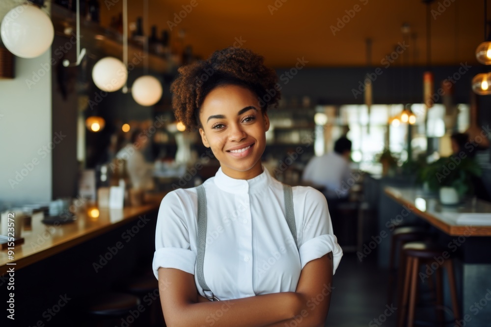 Obraz premium Portrait of a smiling young waitress at bar