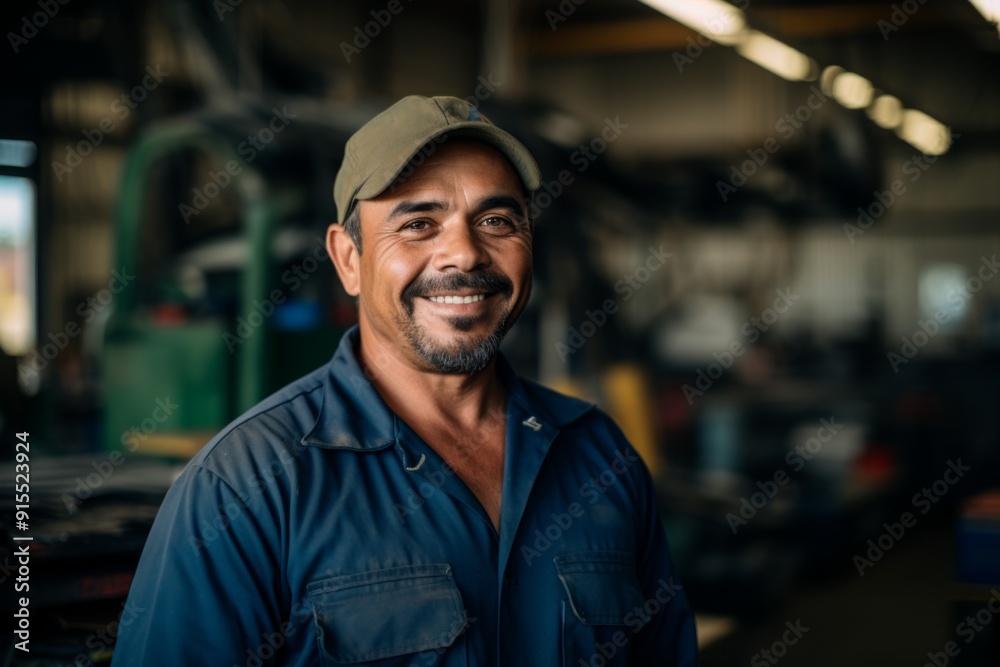 Fototapeta premium Smiling portrait of a middle aged car mechanic in workshop