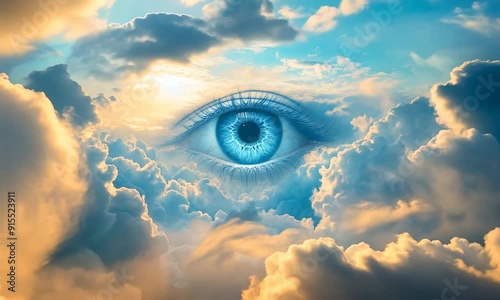 The all-seeing eye in the sky between the clouds. Divine eye. God.