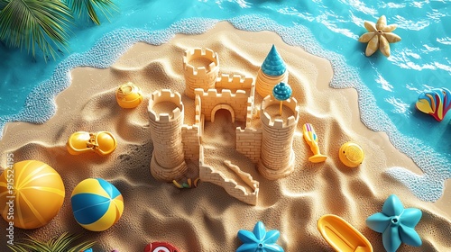 A vibrant sandcastle surrounded by colorful beach toys, set against a serene blue ocean backdrop, evoking summer joy and creativity. photo