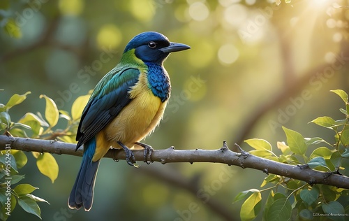 Colorful Bird Perched on Branch in Sunlight.