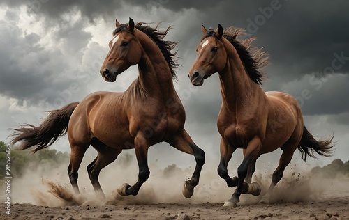 Two brown horses running in a dust cloud against stormy sky.