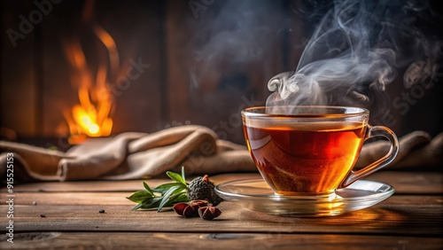 A comforting cup of tea with steam rising from it, perfect for a cozy evening at home, relaxing, warm, soothing, comfort, drink