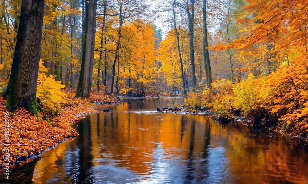 Serene forest stream with vibrant autumn foliage reflected in calm water Serene forest stream with vibrant autumn foliage reflected in calm water