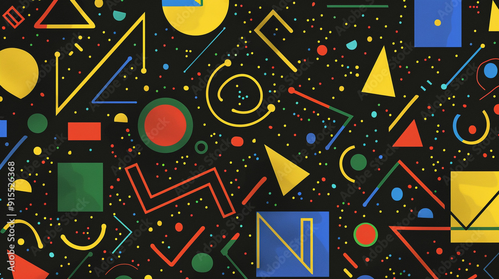 An abstract pattern with colorful shapes and lines on black background. Arranged in random positions. An abstract pattern with colorful shapes and lines on black background. Arranged in random positions.