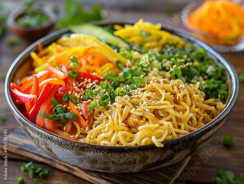 A bowl of noodles with vegetables and sesame seeds. The bowl is on a wooden table. The vegetables are colorful and the noodles are long and thin