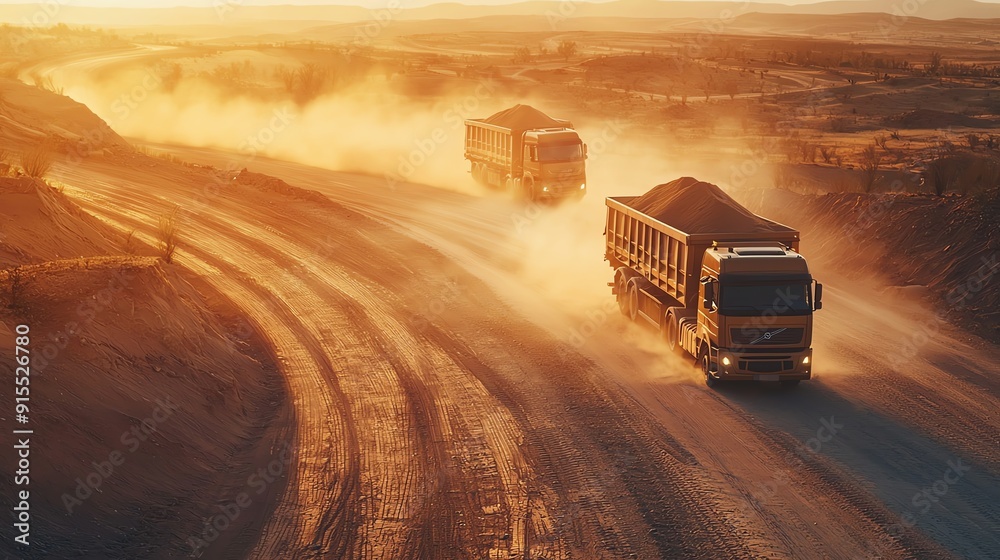 Two heavy trucks transport materials along a dusty road at sunset, showcasing the power of industry in natural landscapes.
