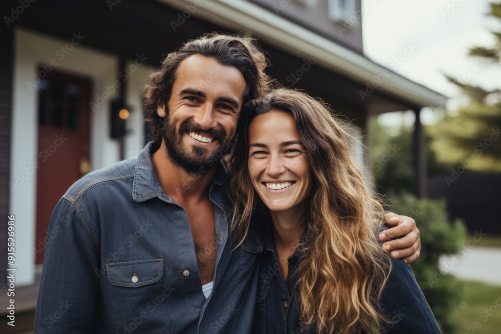 Portrait of a smiling young American couple in front of house Portrait of a smiling young American couple in front of house