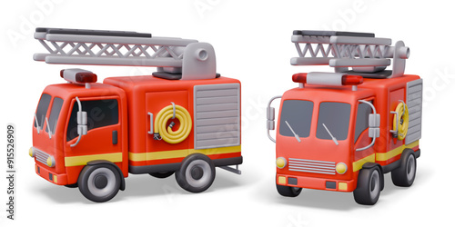 Red fire truck, engine with ladder and hose. Special transport for rescue operations
