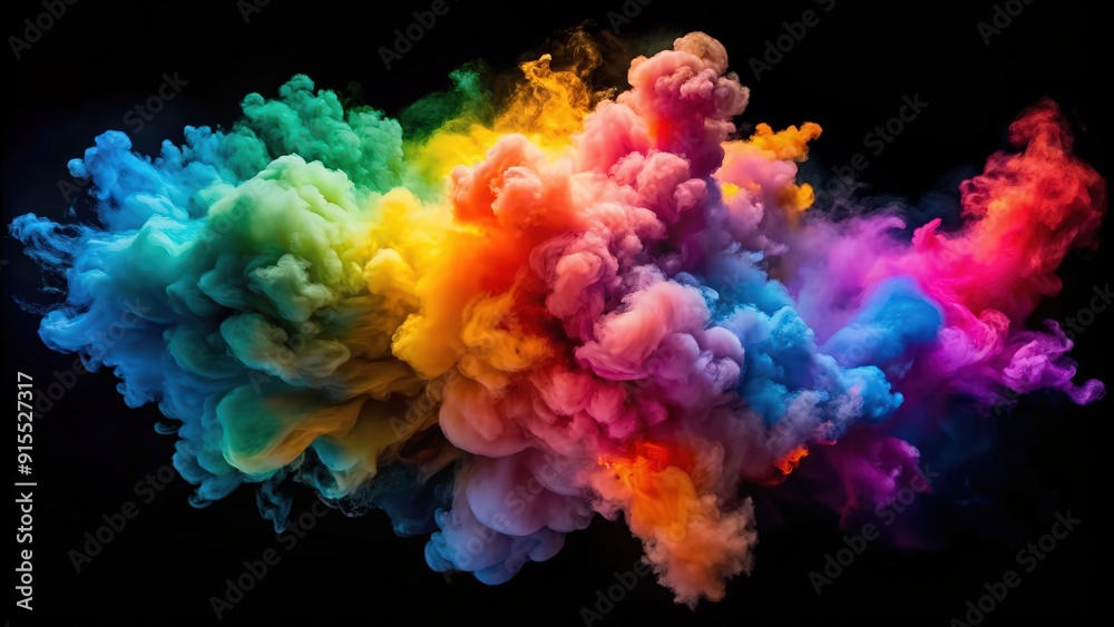 Vibrant explosion of colored smoke creating abstract effect, blue, teal, yellow, orange, pink, purple, dynamic, mix, colorful