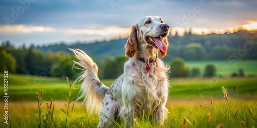 Majestic English Setter dog standing in a lush green meadow with feathers in its mouth, joyful expression, and a beautiful rural landscape background. photo
