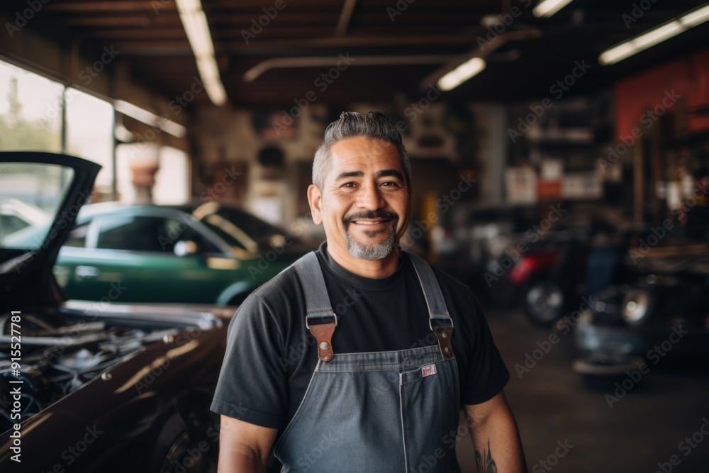 Obraz premium Smiling portrait of a middle aged car mechanic in workshop