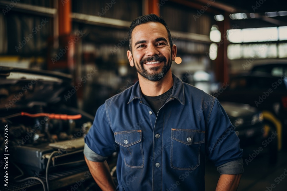 Smiling portrait of a middle aged car mechanic in workshop Smiling portrait of a middle aged car mechanic in workshop