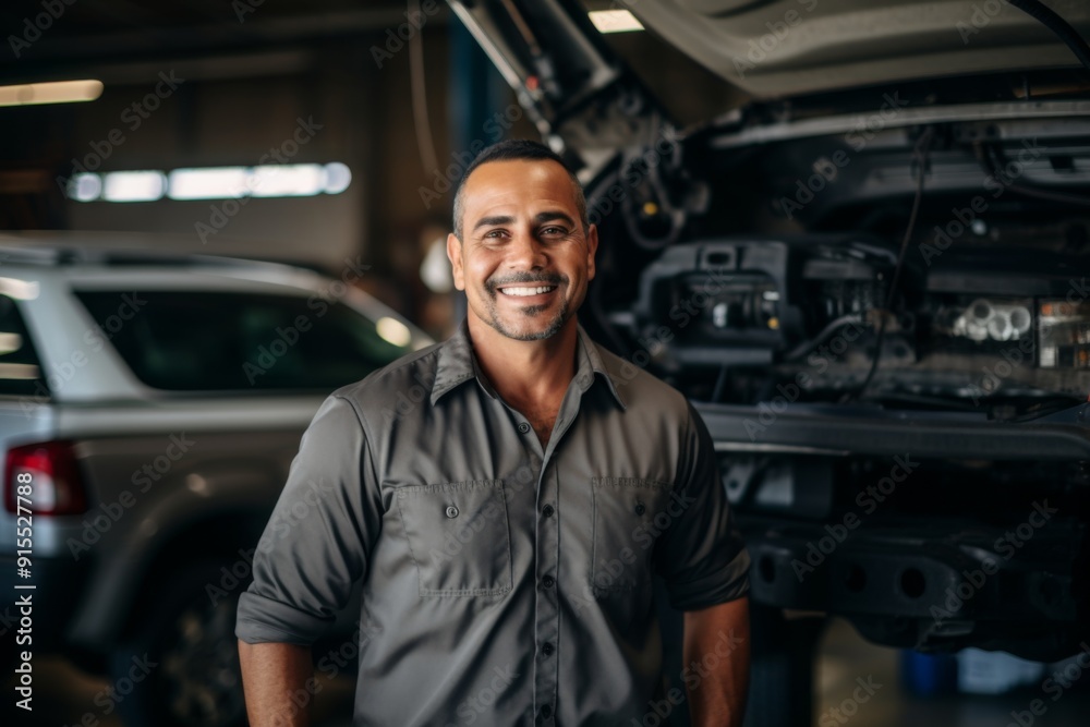 Smiling portrait of a middle aged car mechanic in workshop Smiling portrait of a middle aged car mechanic in workshop