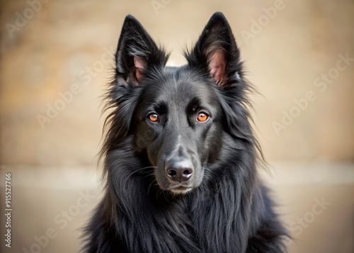 Majestic black Belgian Sheepdog Groenendael dog with piercing eyes and alert ears poses against a soft blurred neutral background in high-contrast portrait. photo