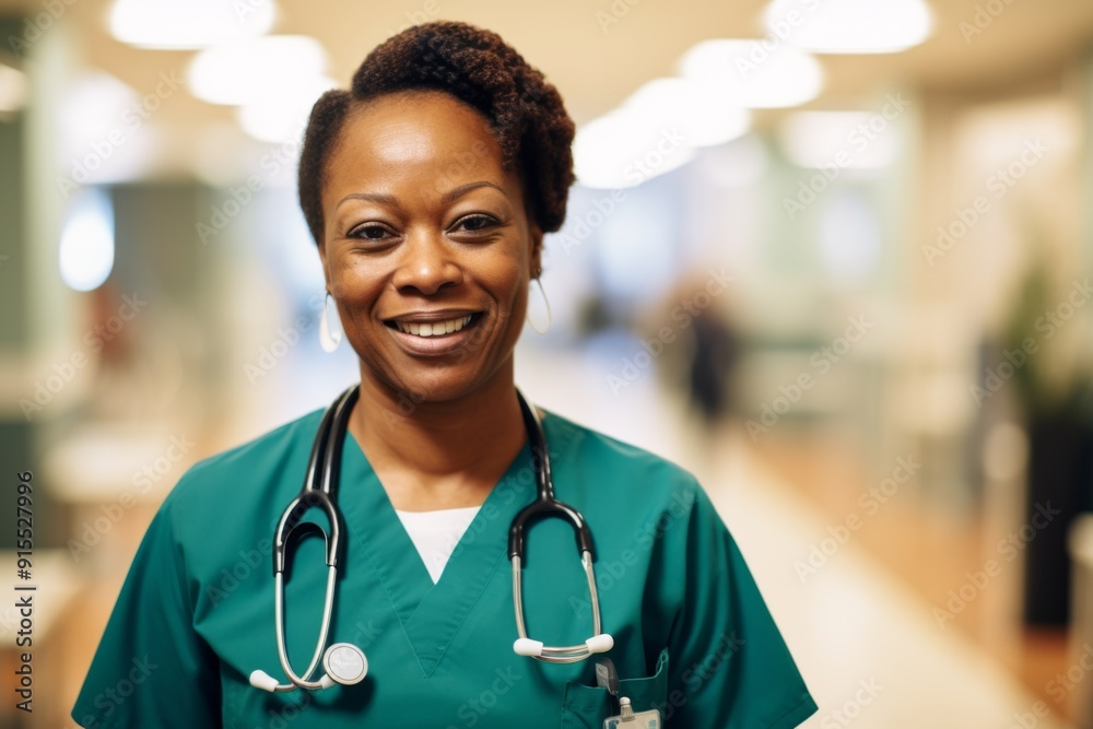 Smiling portrait of a middle aged African American nurse in hospital
