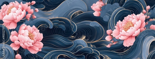 Chinese style background mural, wave pattern with pink peonies