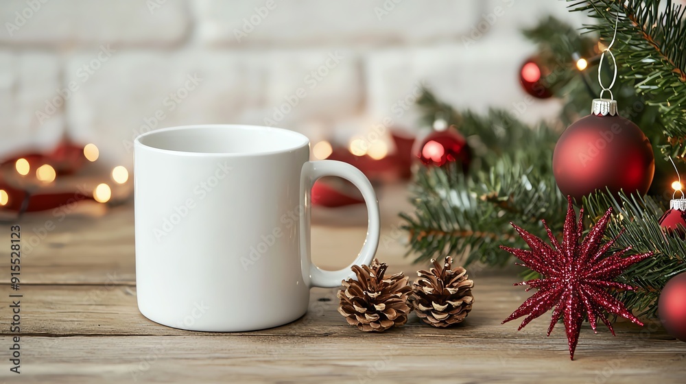 custom made wallpaper toronto digitalA blank white mug sits beside festive decorations on a wooden table, perfect for holiday-themed designs and cozy winter vibes.