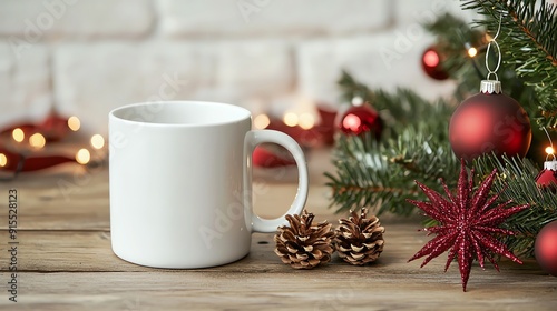 Wallpaper Mural A blank white mug sits beside festive decorations on a wooden table, perfect for holiday-themed designs and cozy winter vibes. Torontodigital.ca