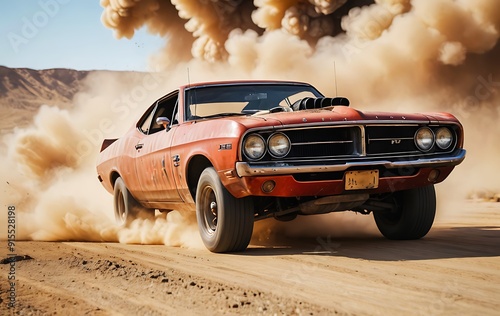 Classic Muscle Car Kicking Up Dust on Desert Road.