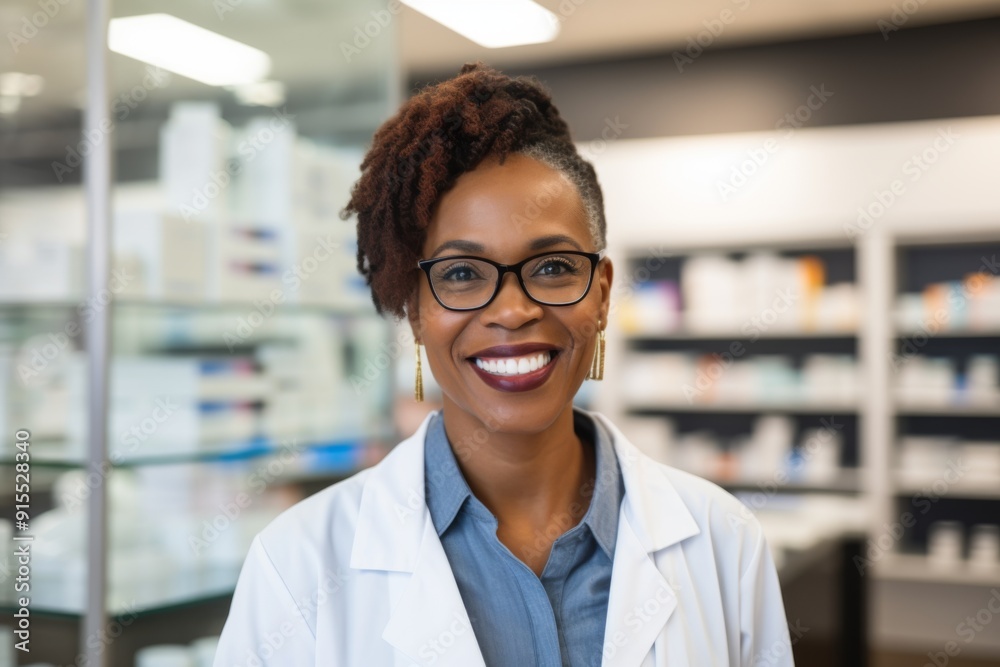 Smiling portrait of a middle aged female pharmacist in pharmacy Smiling portrait of a middle aged female pharmacist in pharmacy