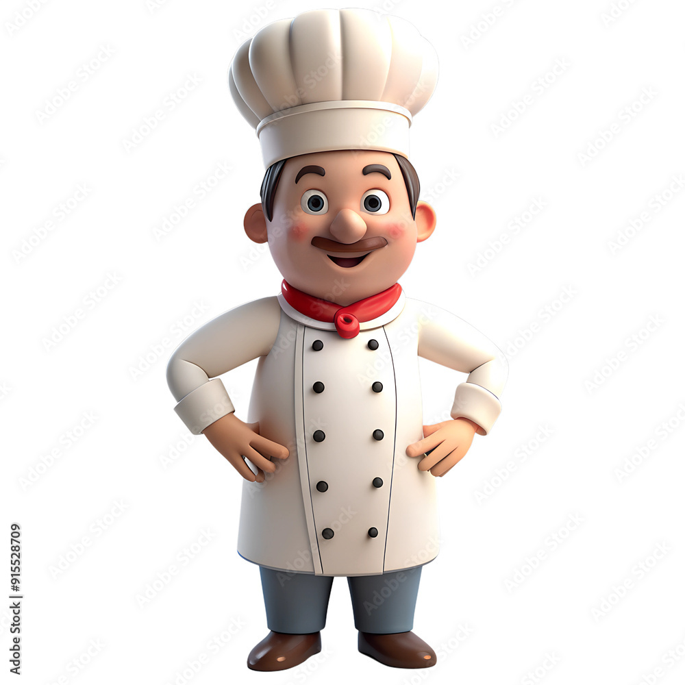 3D Model Chef Character with Hands on Hips, Dressed in a White Double-Breasted Uniform, Red Neck Scarf, and Traditional Chef’s Hat, Exuding Confidence and Warmth 3D Model Chef Character with Hands on Hips, Dressed in a White Double-Breasted Uniform, Red Neck Scarf, and Traditional Chef’s Hat, Exuding Confidence and Warmth