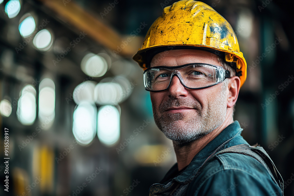 Steel plant professional with safety glasses and yellow helmet, looking at the camera amidst a blurred factory scene, expertly captured with Sony Alpha a7 III and macro lens for a clear representation Steel plant professional with safety glasses and yellow helmet, looking at the camera amidst a blurred factory scene, expertly captured with Sony Alpha a7 III and macro lens for a clear representation