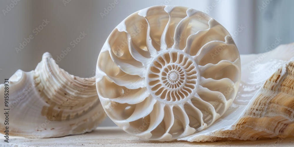 Closeup of a nautilus shell with intricate patterns. Closeup of a nautilus shell with intricate patterns.