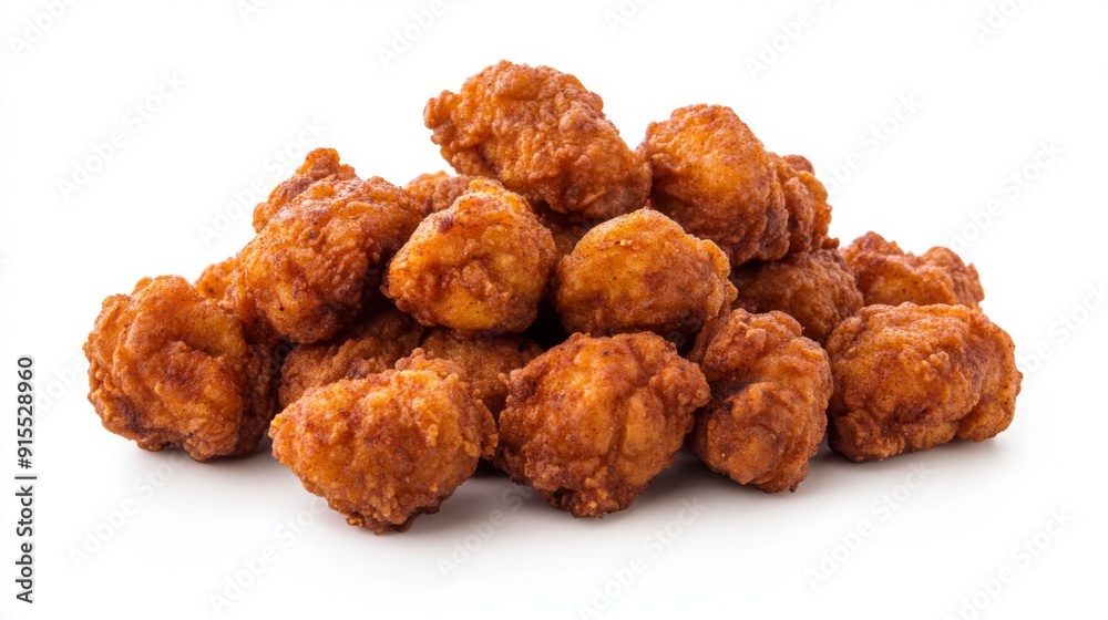 A delicious serving of spicy fried chicken bites, arranged in a neat pile on a white background. A delicious serving of spicy fried chicken bites, arranged in a neat pile on a white background.