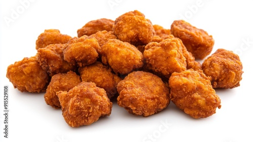 A delicious serving of spicy fried chicken bites, arranged in a neat pile on a white background.