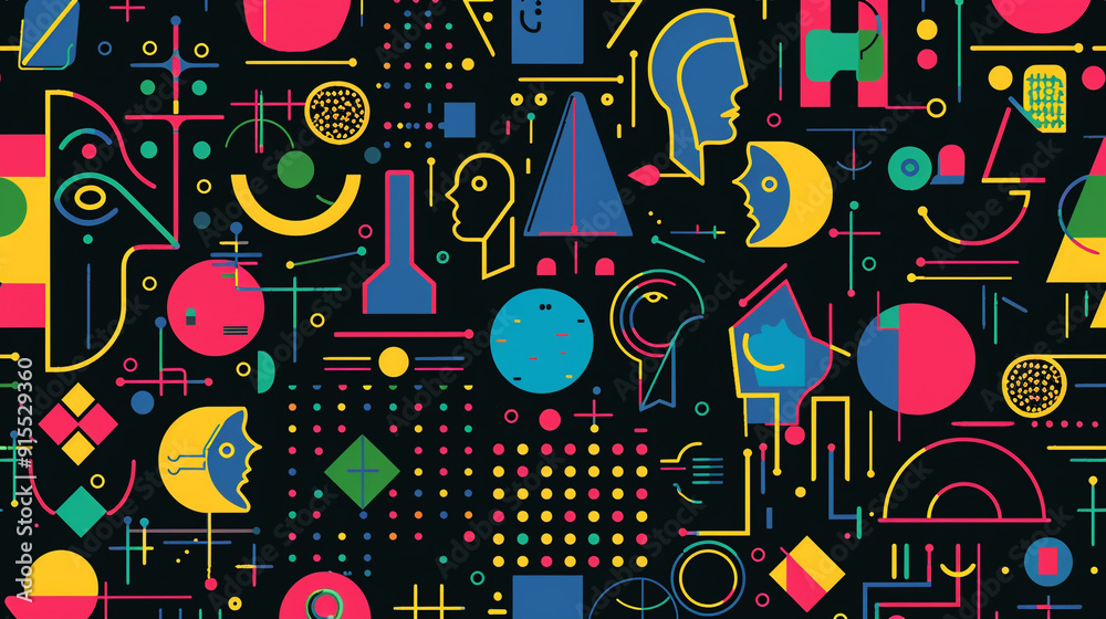 An abstract pattern with colorful shapes and lines on black background. Arranged in random positions. 