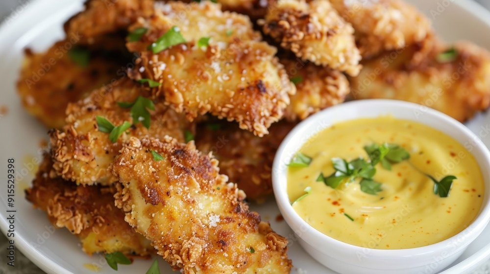 Crispy chicken nuggets with honey mustard dip Crispy chicken nuggets with honey mustard dip