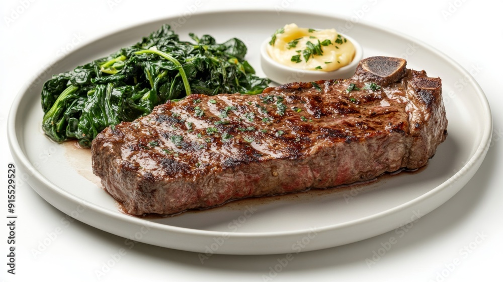 A delicious steak plate featuring a thick cut of ribeye, garlic butter, and a side of wilted spinach on a white background. A delicious steak plate featuring a thick cut of ribeye, garlic butter, and a side of wilted spinach on a white background.